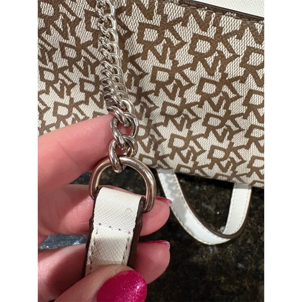 DKNY Bryant Park Monogram Satchel Shoulder Bag Tan White Silver Chain - Picture 4 of 9